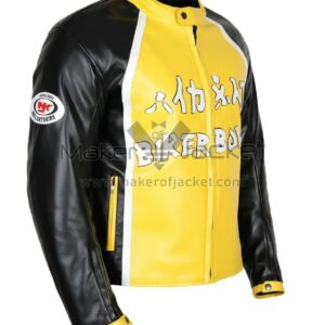 Biker Boyz Derek Luke motorcycle jacket right side view showing leather construction, zippered cuff, side buckles, and black yellow white color design
