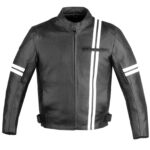 Front View Of Black Double Stripe Leather Jacket Featuring white racing stripes, snap collar, zipper pockets, and CE-approved biker protection.