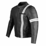 Left Side View Of Black Double Stripe Leather Jacket Featuring ventilation sleeve zipper, adjustable buckle straps, and sporty biker design.
