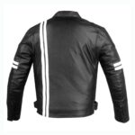Back View Of Black Double Stripe Leather Jacket featuring white double stripes, premium leather finish, and removable protective padding.