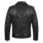 Back view of Black Basic Brando Biker Leather Jacket featuring shoulder epaulettes, a horizontal yoke, vertical tailored seams, and zippered sleeve cuffs.