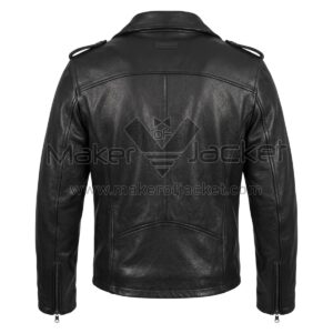 Back view of Black Basic Brando Biker Leather Jacket featuring shoulder epaulettes, a horizontal yoke, vertical tailored seams, and zippered sleeve cuffs.