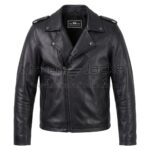 Front view of Black Basic Brando Biker Leather Jacket featuring an asymmetrical zipper, snap-button lapels, shoulder epaulettes, and two vertical zippered pockets with Maker of Jacket brand label.