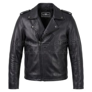 Front view of Black Basic Brando Biker Leather Jacket featuring an asymmetrical zipper, snap-button lapels, shoulder epaulettes, and two vertical zippered pockets with Maker of Jacket brand label.
