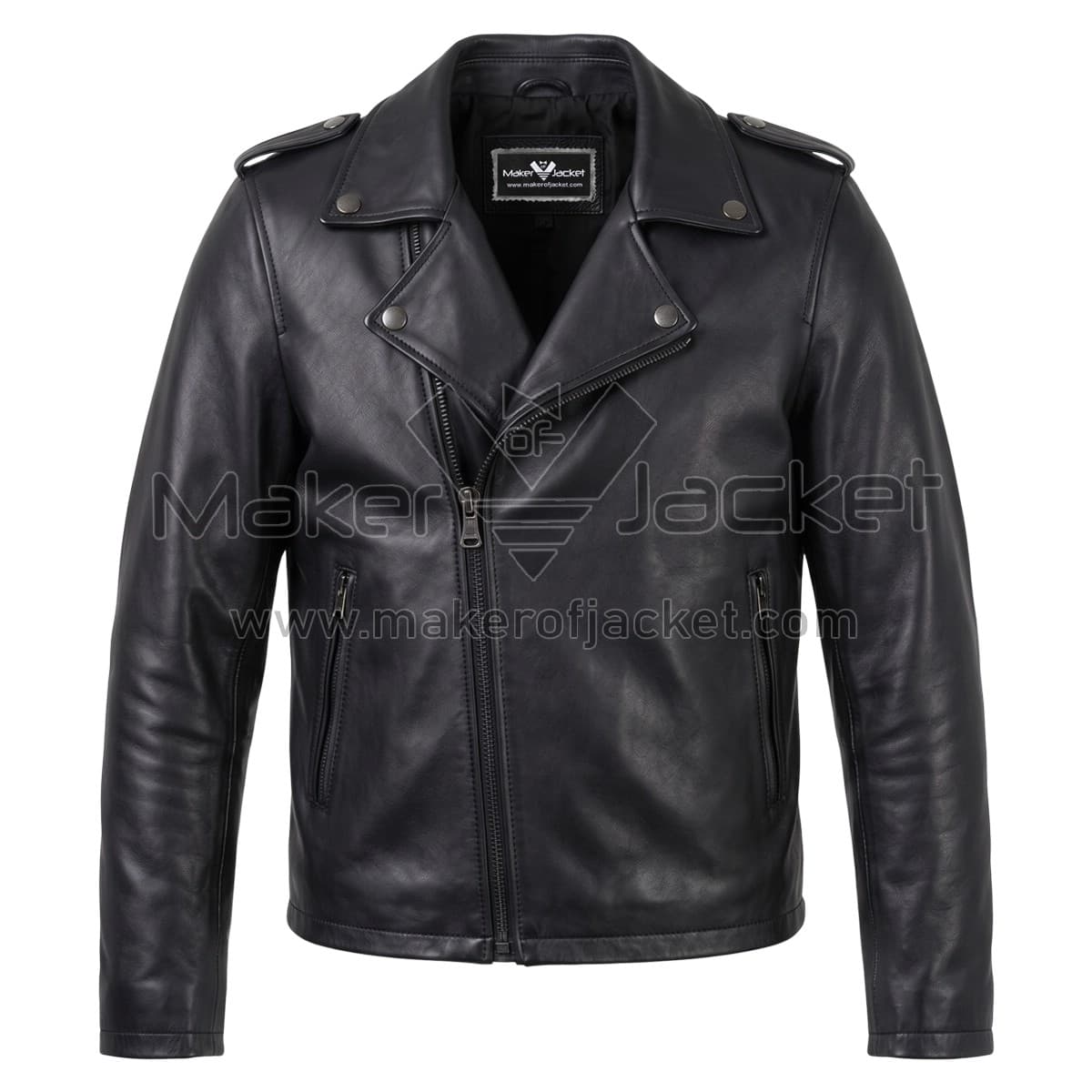 Black Basic Brando Biker Leather Jacket Front Front view of Black Basic Brando Biker Leather Jacket featuring an asymmetrical zipper, snap-button lapels, shoulder epaulettes, and two vertical zippered pockets with Maker of Jacket brand label.