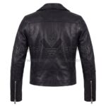 Back view of Black Belted Cafe Racer Biker Leather Jacket featuring a notched collar, a horizontal shoulder yoke, and long zippers on the back of each sleeve cuff.