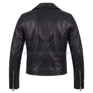 Back view of Black Belted Cafe Racer Biker Leather Jacket featuring a notched collar, a horizontal shoulder yoke, and long zippers on the back of each sleeve cuff.