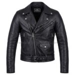 Front view of Black Belted Cafe Racer Biker Leather Jacket featuring an asymmetrical zipper, snap-button lapels, multiple zippered pockets, and a buckled waist belt with Maker of Jacket brand label.