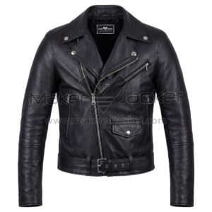 Front view of Black Belted Cafe Racer Biker Leather Jacket featuring an asymmetrical zipper, snap-button lapels, multiple zippered pockets, and a buckled waist belt with Maker of Jacket brand label.