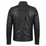 Back view of Black Biker Leather Jacket featuring ribbed shoulder panels, a straight horizontal yoke, and a central vertical seam.