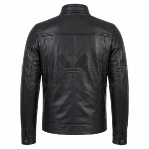 Back view of Black Biker Leather Jacket featuring ribbed shoulder panels, a straight horizontal yoke, and a central vertical seam.