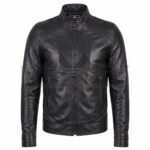 Front view of Black Biker Leather Jacket with a band collar, ribbed shoulder panels, a full-zip front, and vertical zippered side pockets with Maker of Jacket brand label.