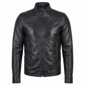 Front view of Black Biker Leather Jacket with a band collar, ribbed shoulder panels, a full-zip front, and vertical zippered side pockets with Maker of Jacket brand label.