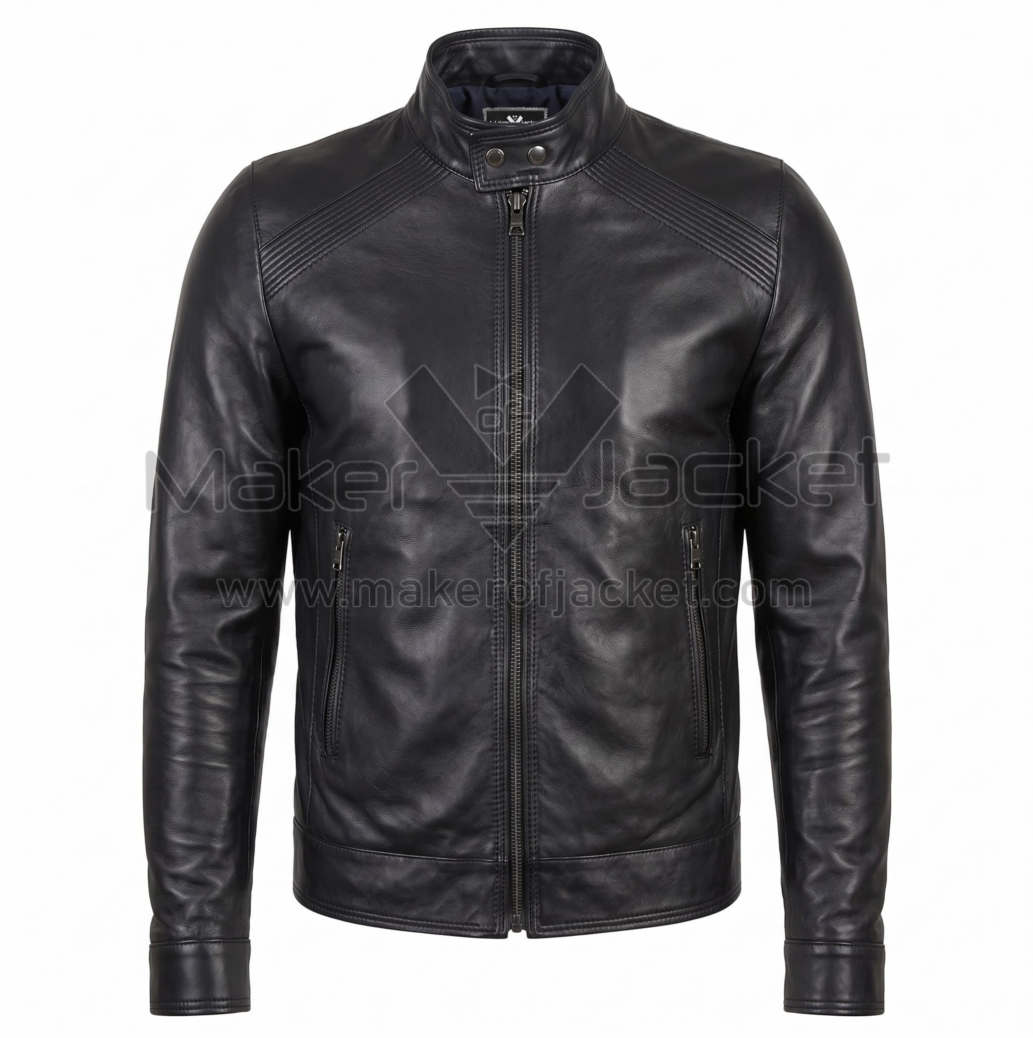 Black Biker Leather Jacket with Korean Collar Front Front view of Black Biker Leather Jacket with a band collar, ribbed shoulder panels, a full-zip front, and vertical zippered side pockets with Maker of Jacket brand label.
