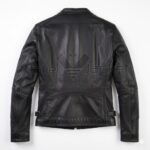 Back view of Black Cafe Racer Biker Leather Jacket featuring a central vertical seam, a horizontal shoulder yoke, and adjustable waist buckles.