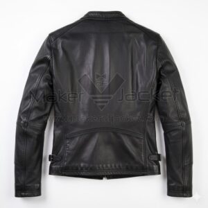 Back view of Black Cafe Racer Biker Leather Jacket featuring a central vertical seam, a horizontal shoulder yoke, and adjustable waist buckles.