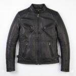 Front view of Black Cafe Racer Biker Leather Jacket with a snap-button band collar, four zippered front pockets, and adjustable waist buckles at the sides with Maker of Jacket brand label.