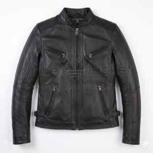 Front view of Black Cafe Racer Biker Leather Jacket with a snap-button band collar, four zippered front pockets, and adjustable waist buckles at the sides with Maker of Jacket brand label.