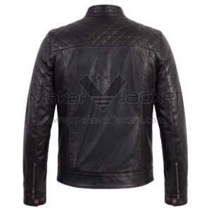 Back view of Black Quilted Cafe Racer Biker Leather Jacket featuring a diamond-quilted shoulder yoke, vertical tailored seams, and zippered cuffs on the sleeves.