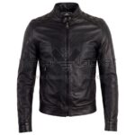 Front view of Black Quilted Cafe Racer Biker Leather Jacket featuring diamond-quilted shoulders, a snap-button band collar, and zippered waist pockets with Maker of Jacket brand label.