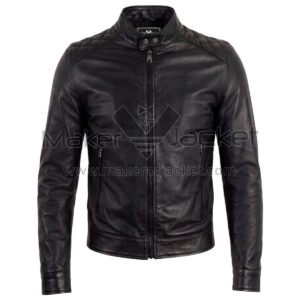 Front view of Black Quilted Cafe Racer Biker Leather Jacket featuring diamond-quilted shoulders, a snap-button band collar, and zippered waist pockets with Maker of Jacket brand label.
