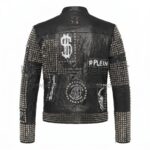 Back View of Black Biker Studded Patches Leather Jacket featuring silver studs, featuring white graphic patches like a dollar sign, skull, and "PP" logos.
