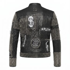 Back View of Black Biker Studded Patches Leather Jacket featuring silver studs, featuring white graphic patches like a dollar sign, skull, and "PP" logos.