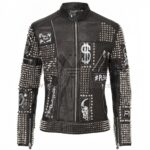 Front View of Black Biker Studded Patches Leather Jacket featuring silver metal studs, featuring white graphic patches of skulls, dollar signs, and text logos.