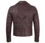 Back view of Brown Belted Cafe Racer Biker Leather Jacket featuring a notched collar, a horizontal shoulder yoke, and long zippers on the back of each sleeve cuff.