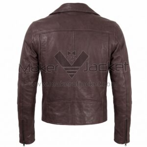 Back view of Brown Belted Cafe Racer Biker Leather Jacket featuring a notched collar, a horizontal shoulder yoke, and long zippers on the back of each sleeve cuff.