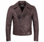 Front view of Brown Belted Cafe Racer Biker Leather Jacket featuring an asymmetrical zipper, snap-button lapels, multiple zippered pockets, and a buckled waist belt with Maker of Jacket brand label.