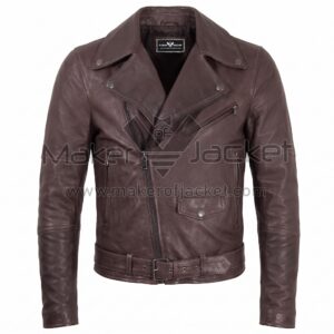 Front view of Brown Belted Cafe Racer Biker Leather Jacket featuring an asymmetrical zipper, snap-button lapels, multiple zippered pockets, and a buckled waist belt with Maker of Jacket brand label.