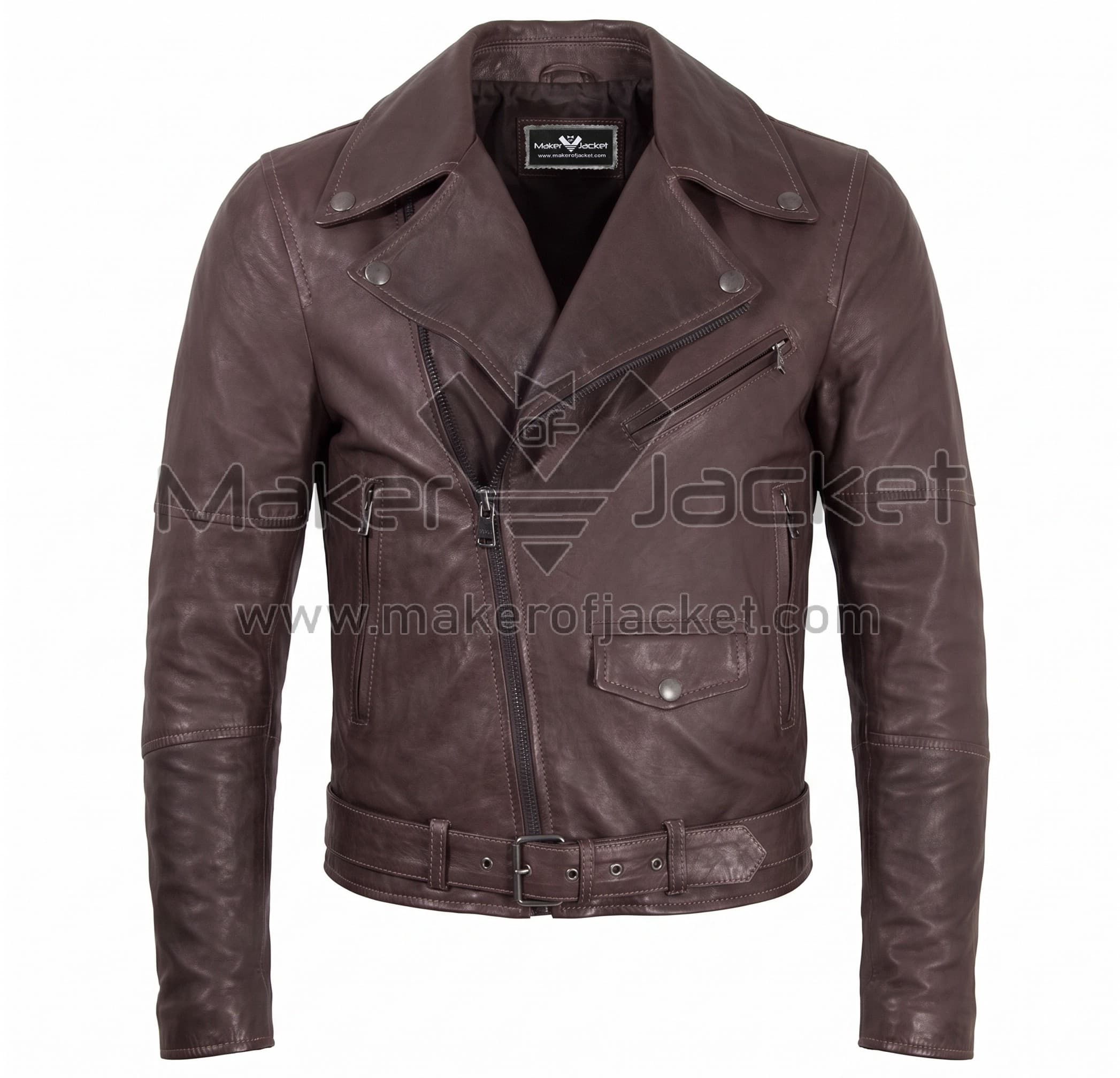 Brown Belted Cafe Racer Biker Leather Jacket Front Front view of Brown Belted Cafe Racer Biker Leather Jacket featuring an asymmetrical zipper, snap-button lapels, multiple zippered pockets, and a buckled waist belt with Maker of Jacket brand label.