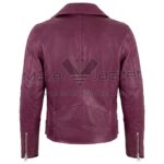 Back view of Burgundy Belted Cafe Racer Biker Leather Jacket featuring a notched collar, a horizontal shoulder yoke, and long zippers on the back of each sleeve cuff.