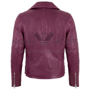 Back view of Burgundy Belted Cafe Racer Biker Leather Jacket featuring a notched collar, a horizontal shoulder yoke, and long zippers on the back of each sleeve cuff.