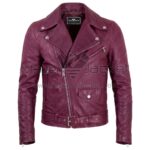 Front view of Burgundy Belted Cafe Racer Biker Leather Jacket featuring an asymmetrical zipper, snap-button lapels, multiple zippered pockets, and a buckled waist belt with Maker of Jacket brand label.
