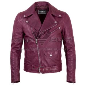 Front view of Burgundy Belted Cafe Racer Biker Leather Jacket featuring an asymmetrical zipper, snap-button lapels, multiple zippered pockets, and a buckled waist belt with Maker of Jacket brand label.