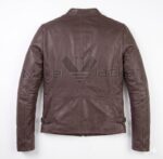 Back view of Dark Brown Cafe Racer Biker Leather Jacket featuring a central vertical seam, a horizontal shoulder yoke, and adjustable waist buckles.