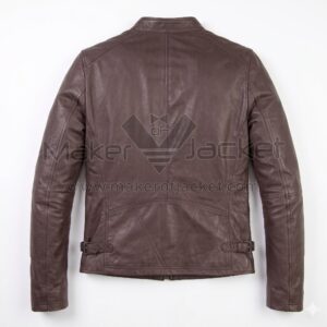 Back view of Dark Brown Cafe Racer Biker Leather Jacket featuring a central vertical seam, a horizontal shoulder yoke, and adjustable waist buckles.