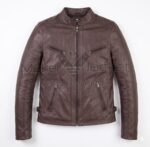Front view of Dark Brown Cafe Racer Biker Leather Jacket with a snap-button band collar, four zippered front pockets, and adjustable waist buckles at the sides with Maker of Jacket brand label.