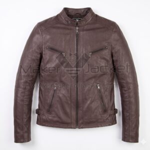 Front view of Dark Brown Cafe Racer Biker Leather Jacket with a snap-button band collar, four zippered front pockets, and adjustable waist buckles at the sides with Maker of Jacket brand label.