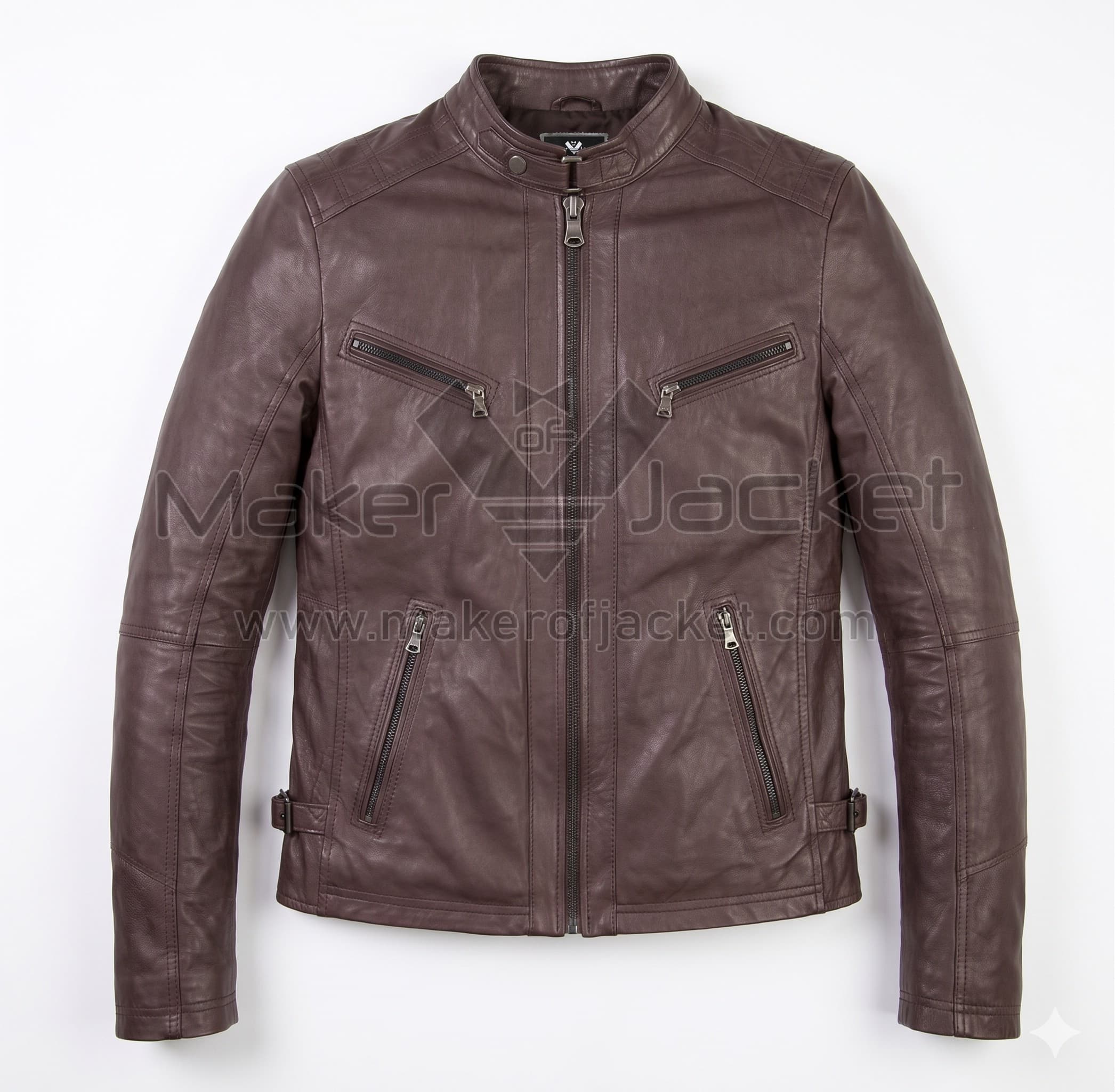 Dark Brown Cafe Racer Biker Leather Jacket Front Front view of Dark Brown Cafe Racer Biker Leather Jacket with a snap-button band collar, four zippered front pockets, and adjustable waist buckles at the sides with Maker of Jacket brand label.