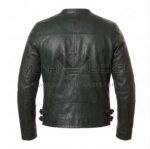 Back view of Green Biker Leather Jacket featuring horizontal shoulder yoke, central vertical seam, and adjustable side buckles at the waist.