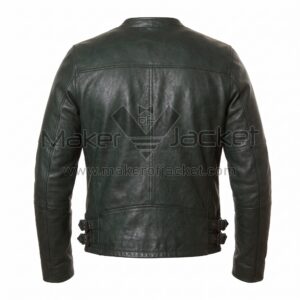 Back view of Green Biker Leather Jacket featuring horizontal shoulder yoke, central vertical seam, and adjustable side buckles at the waist.
