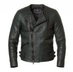 Front view of Green Biker Leather Jacket featuring an asymmetrical front zipper, four zippered pockets, and side buckle adjusters at the waist with Maker of Jacket brand label.