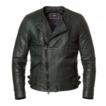 Front view of Green Biker Leather Jacket featuring an asymmetrical front zipper, four zippered pockets, and side buckle adjusters at the waist with Maker of Jacket brand label.