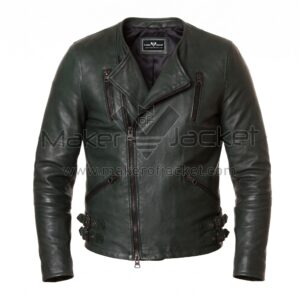Front view of Green Biker Leather Jacket featuring an asymmetrical front zipper, four zippered pockets, and side buckle adjusters at the waist with Maker of Jacket brand label.