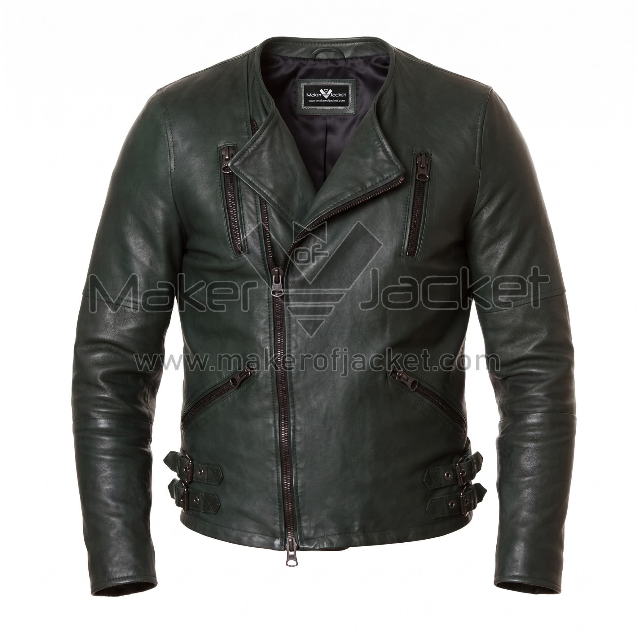 Green Biker Leather Jacket with No Collar Front Front view of Green Biker Leather Jacket featuring an asymmetrical front zipper, four zippered pockets, and side buckle adjusters at the waist with Maker of Jacket brand label.