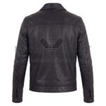 Back view of Leo Black Biker Leather Jacket featuring a horizontal shoulder yoke, central vertical seam, and snap-button cuffs
