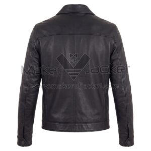 Back view of Leo Black Biker Leather Jacket featuring a horizontal shoulder yoke, central vertical seam, and snap-button cuffs
